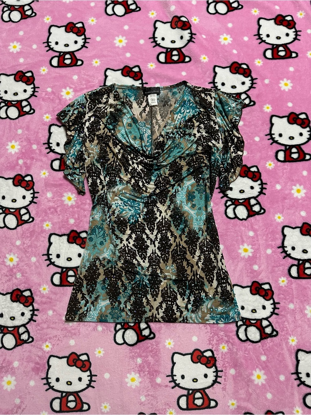 Brittany Black Teal and Brown Printed Sparkly Short Sleeve Blouse